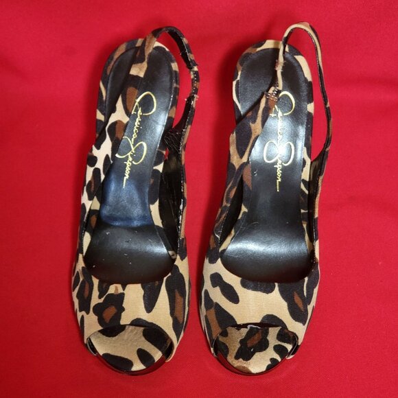Jessica Simpson Leopard Print Peep Toe High Heel Shoes Size 71/2 B - Picture 4 of 12